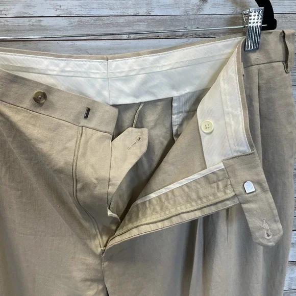 Sean John Mens 42x32 Pants Beige Pleated Linen Blend Cuffed Dress Lightweight - Picture 3 of 7